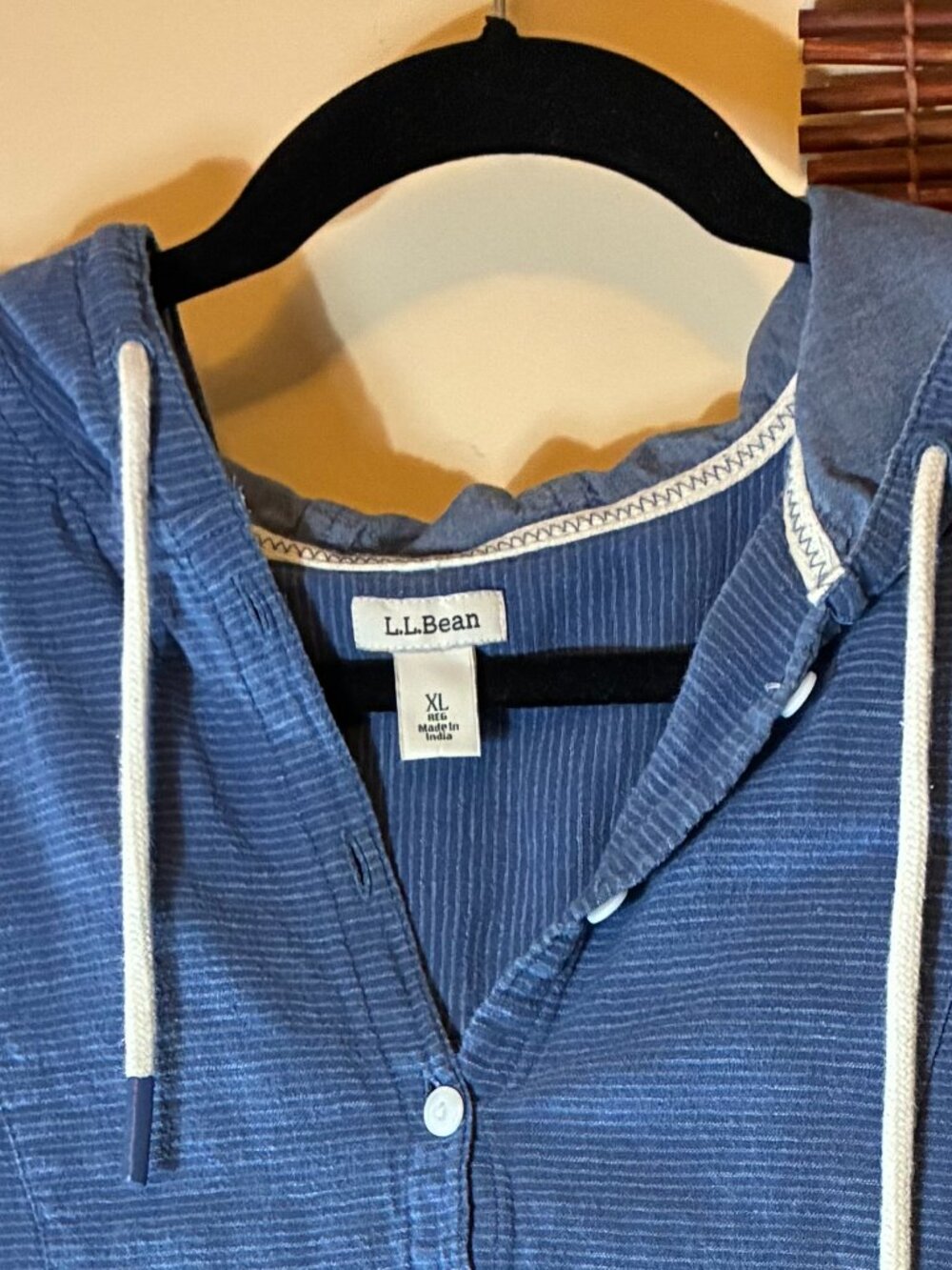 Women's XL - L.L. Bean Linen Cotton Striped Henley Hoodie Blue White - Coastal